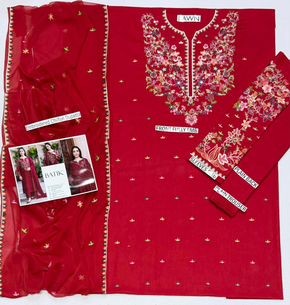 BATIK-3PC LAWN EMBROIDERED SHIRT WITH CHIFFON EMBROIDERED DUPATTA AND TROUSER-BIC-4865
